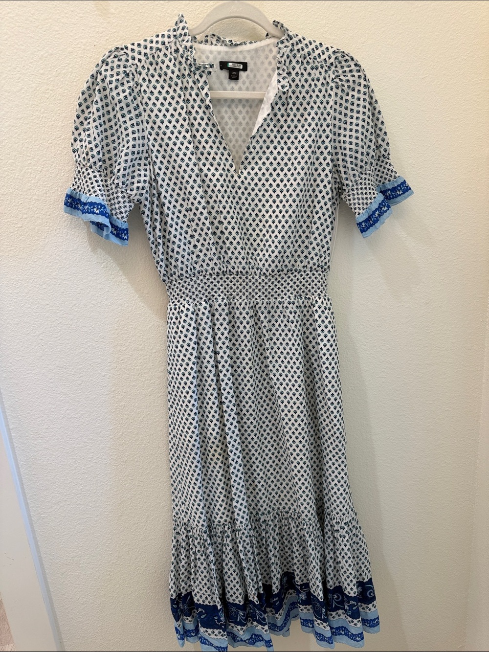J. Crew White Midi Dress with Blue Geometric Print